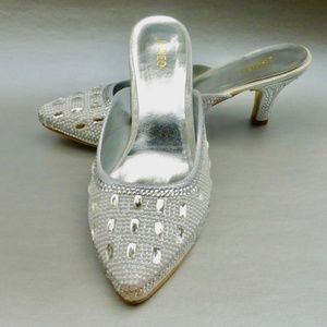 Pearl Rhinestone Studded Ladies Mules Silver Shoes